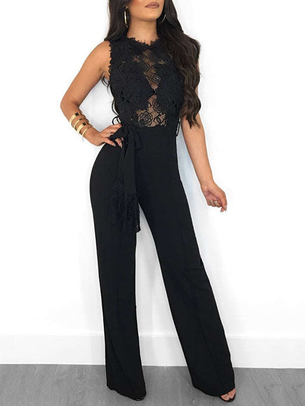 Lace Patchwork Perspective Palazzo Jumpsuit - M / Black