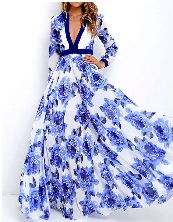 Surplice Floral Long Sleeve Floor Length Gown - XXL