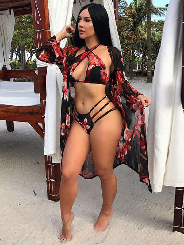 Sexy Floral Printing Three Pieces Swimsuits - L / White