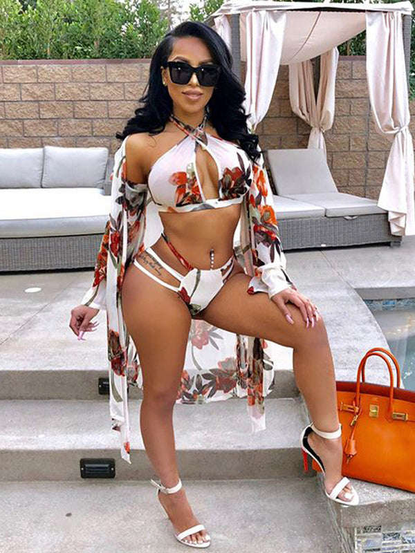 Sexy Floral Printing Three Pieces Swimsuits - L / White
