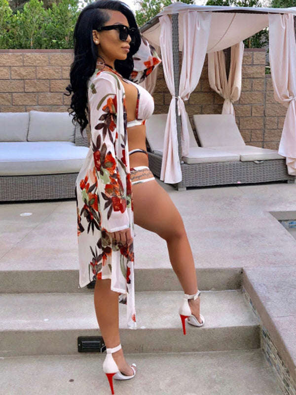 Sexy Floral Printing Three Pieces Swimsuits - L / White