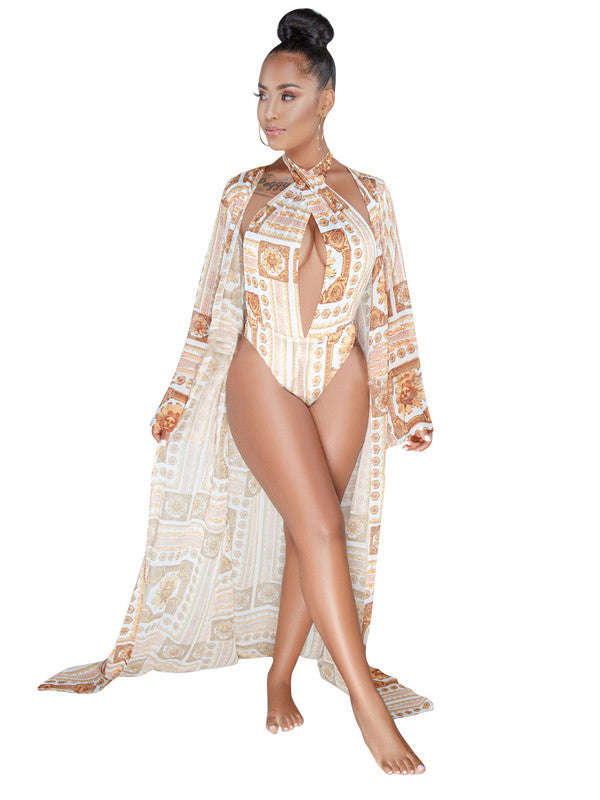 Sexy Cutout Floral Swimwear With Long Coat - M / Black