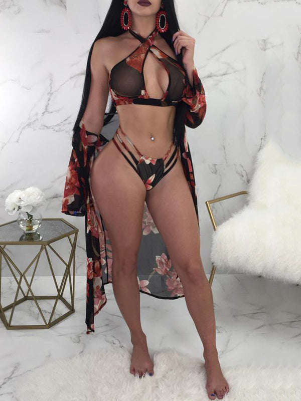 Sexy Floral Printing Three Pieces Swimsuits - L / White