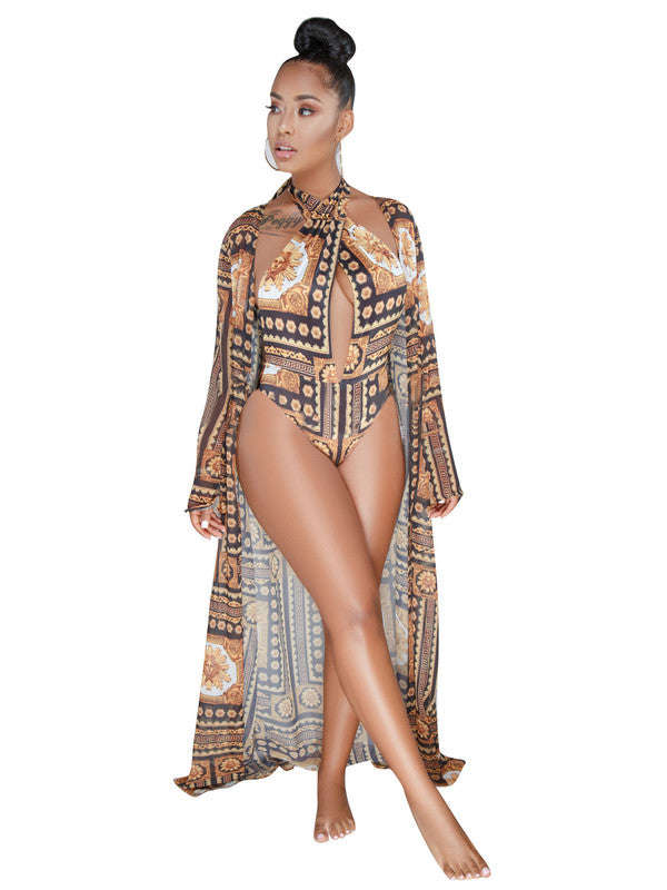 Sexy Cutout Floral Swimwear With Long Coat - M / Black