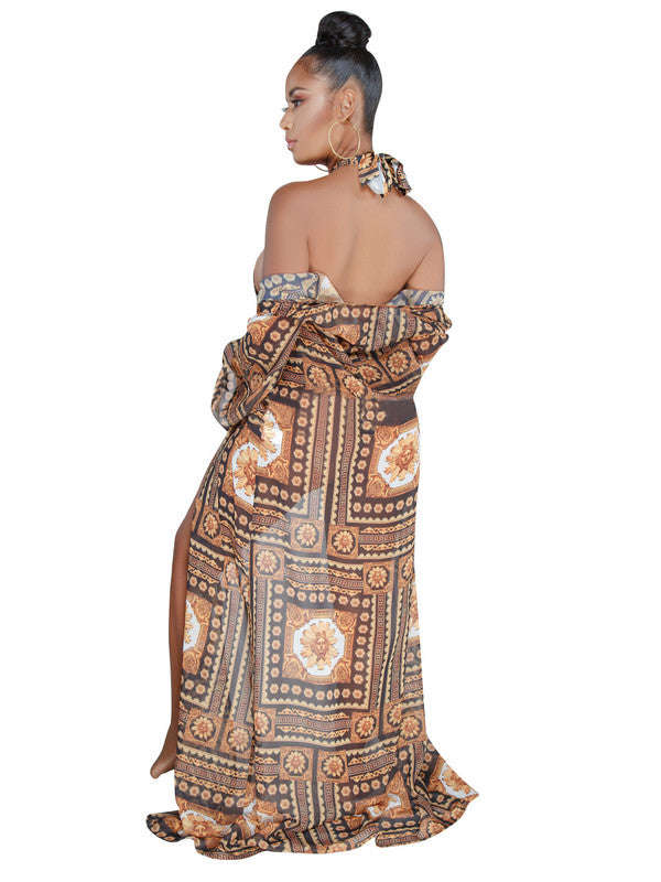 Sexy Cutout Floral Swimwear With Long Coat - M / Black