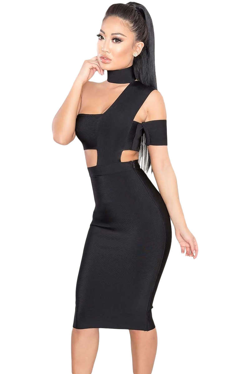 Sexy Choker Neck Cut out Bandage Party Dress - Black / M