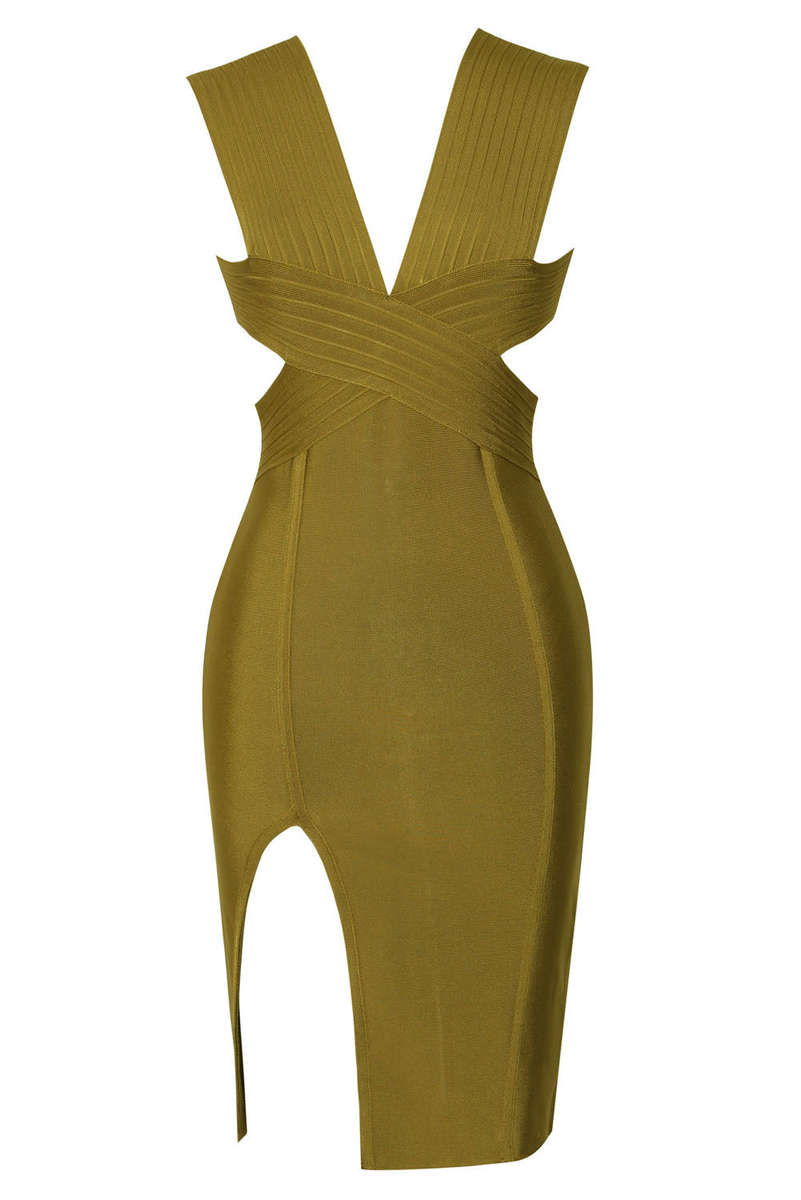 Cut Out Detail Olive Green Bandage Dress - as shown / S