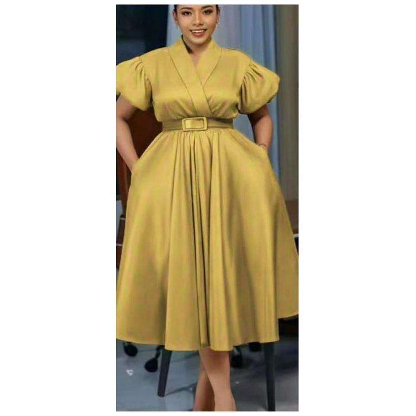 Elegant Overlap Collar A-line Midi Dress.