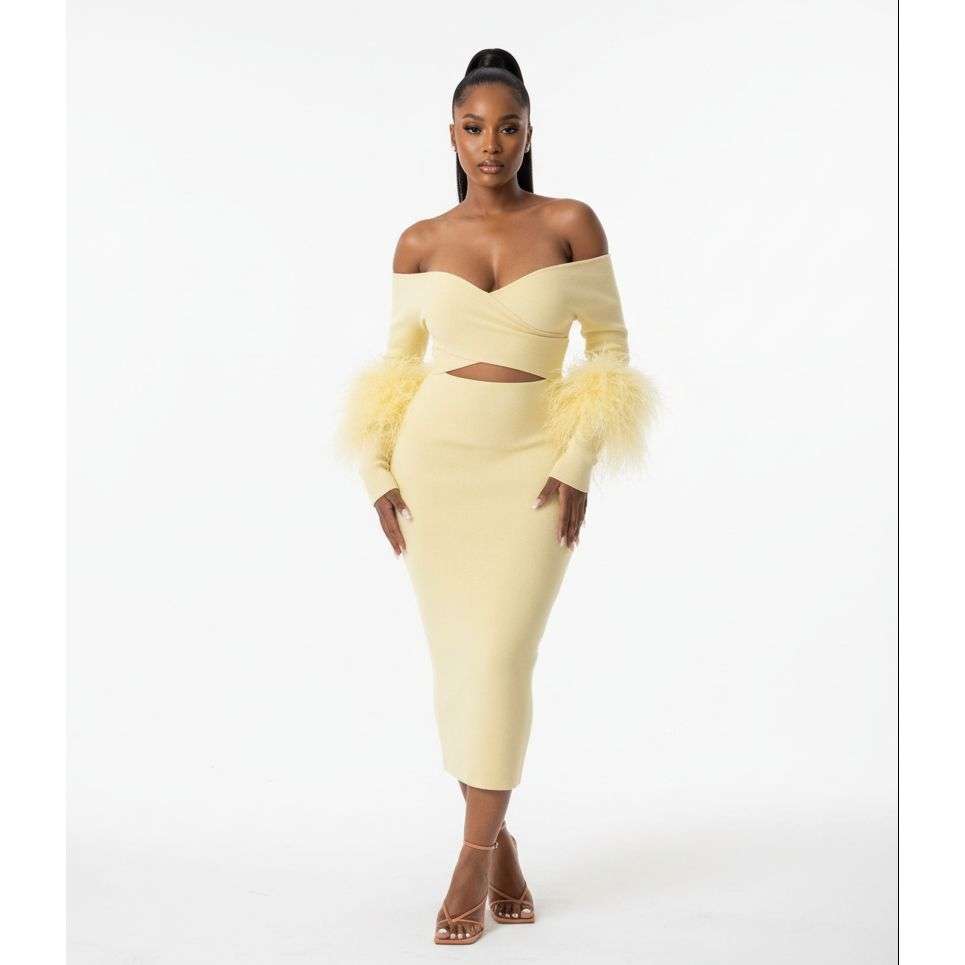 Knitted Off Shoulder Feather Dress