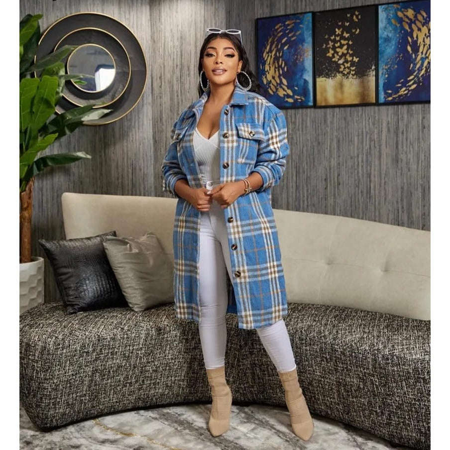 Plaid Buttoned Winter Long Shirt - KHAKI / M