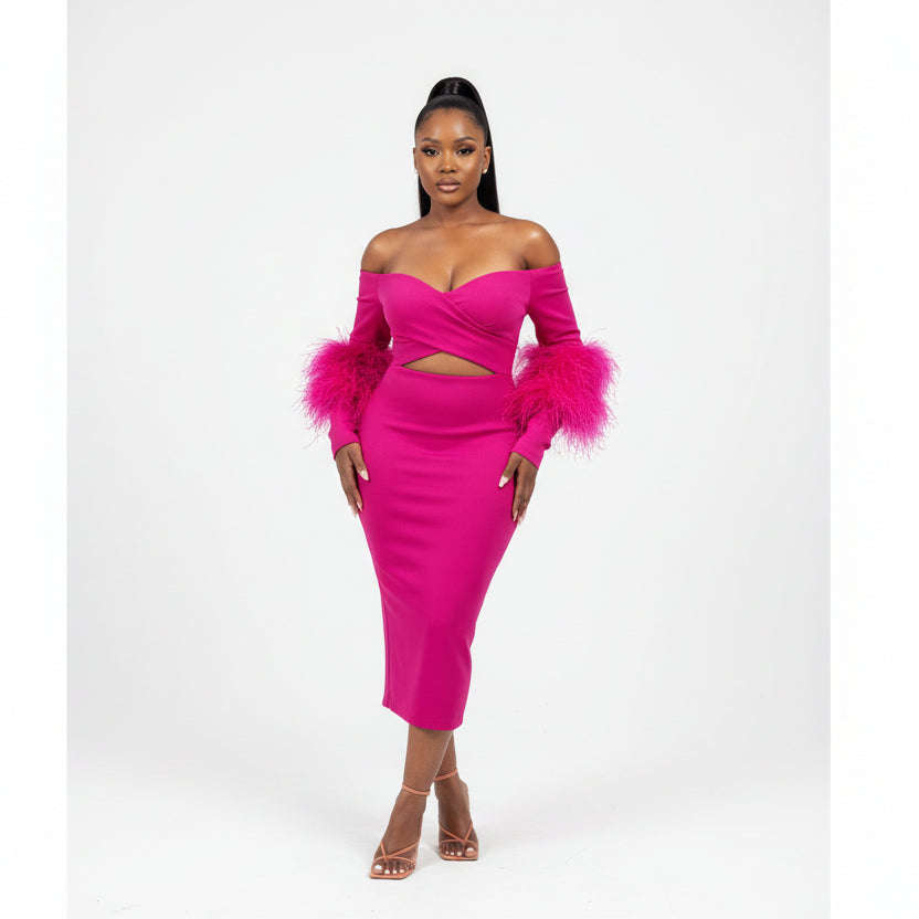 Knitted Off Shoulder Feather Dress