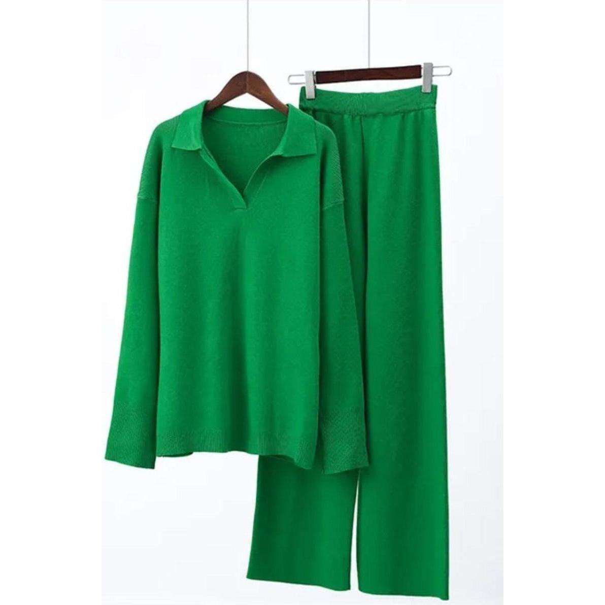V-Neck High Waisted 2 Pieces Set - GREEN / L/XL