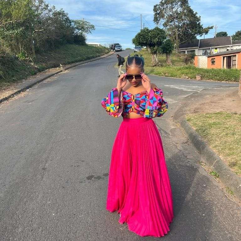 High Waisted Pleated Skirt and Long Sleeve Crop Top