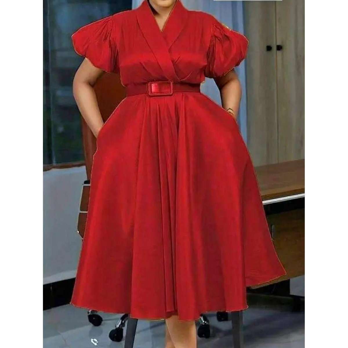 Elegant Overlap Collar A-line Midi Dress.