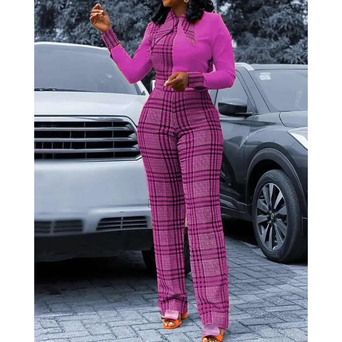 Plaid Formal Jumpsuit - GREEN / XL