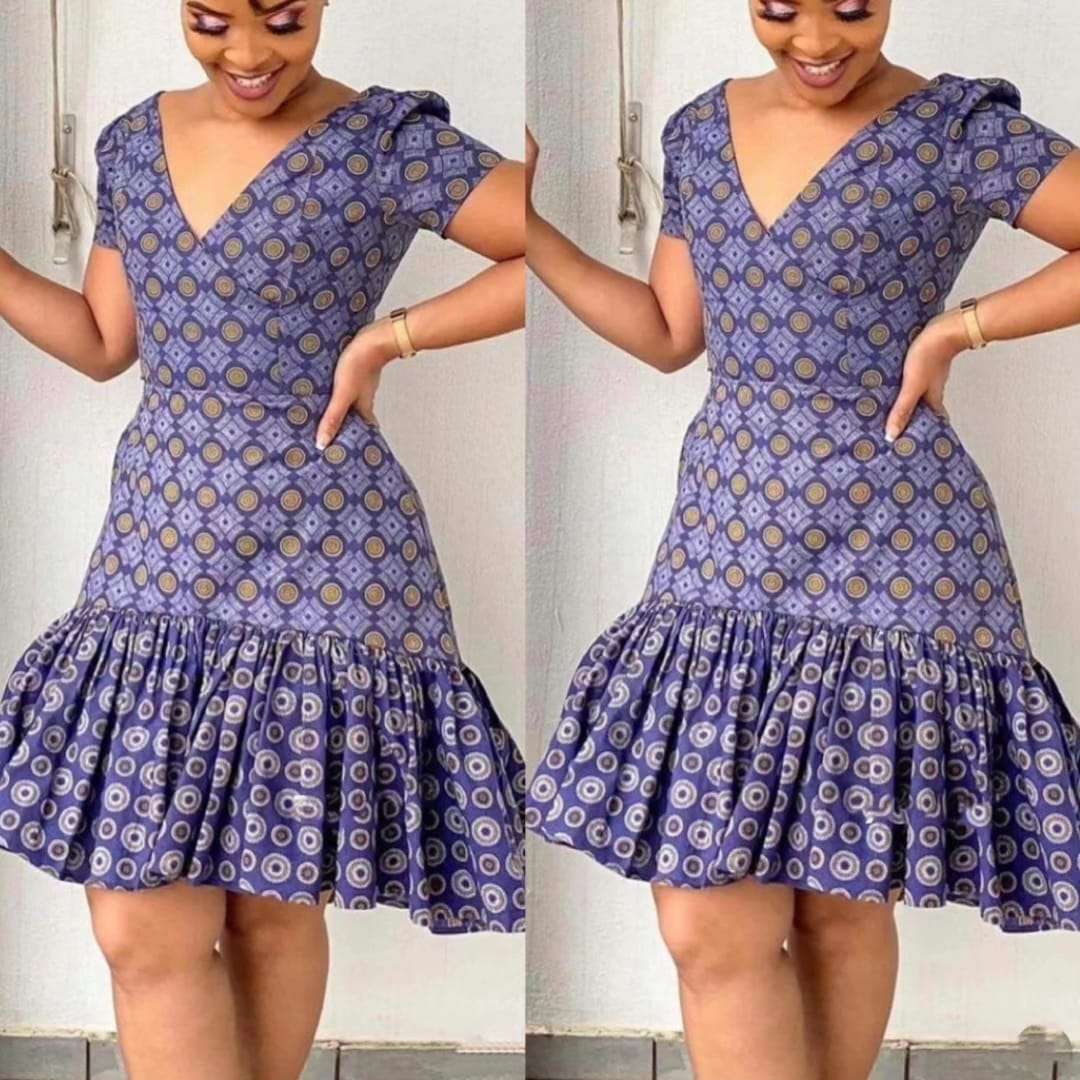 V-Neck Short Sleeve Ankara Dress