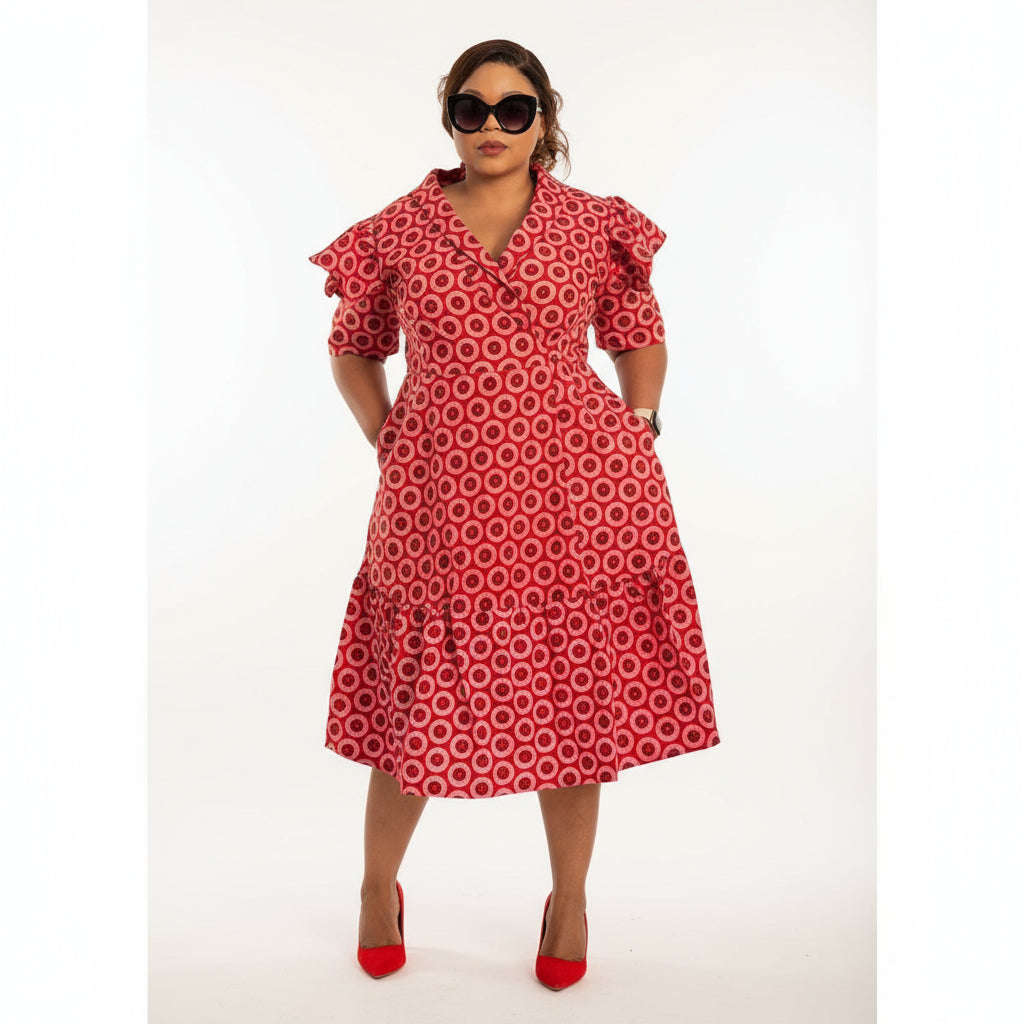 Short Sleeve African Print Pleated Knee Dress.