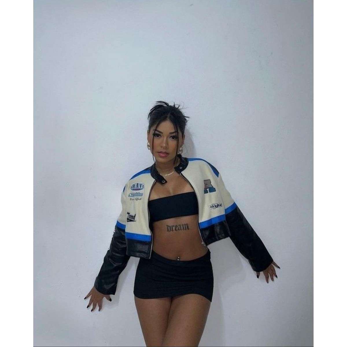 Leather Graphic Colourblock Crop Jacket.