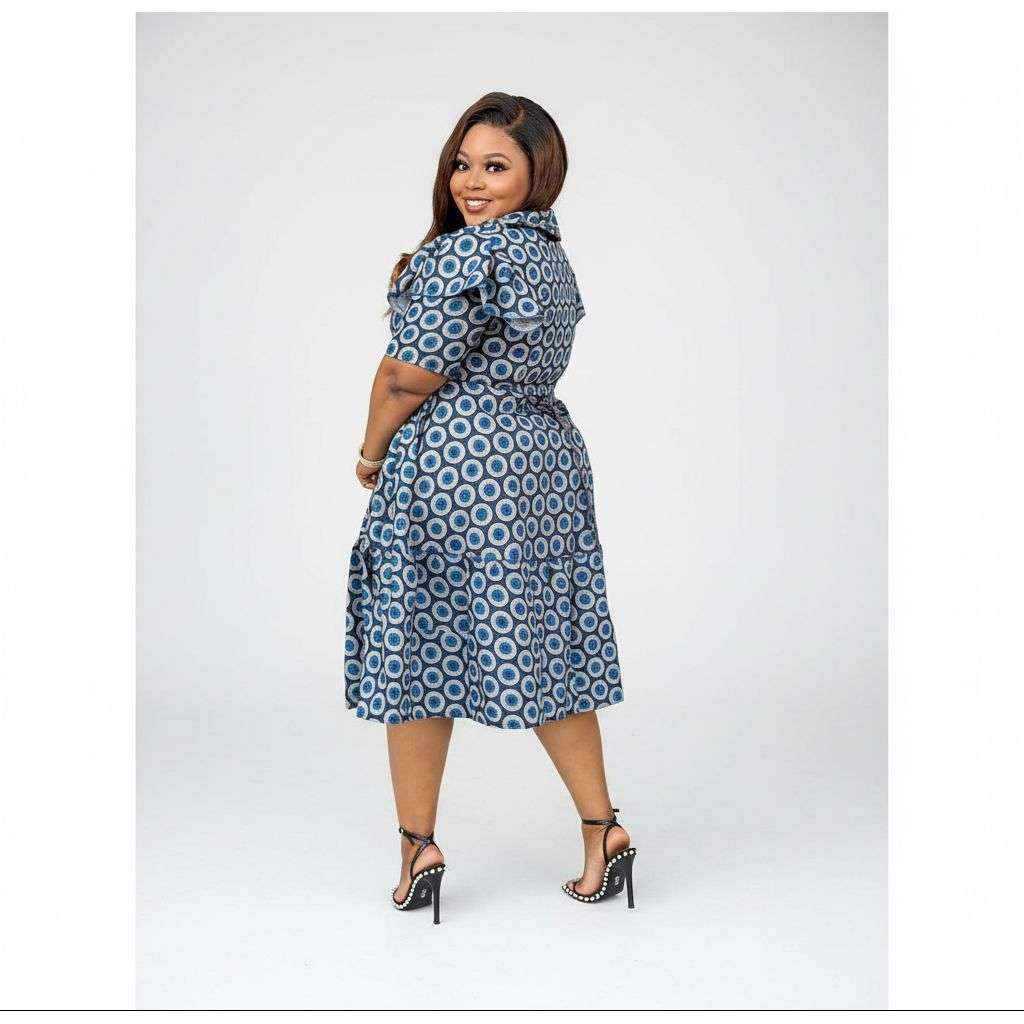 Short Sleeve African Print Pleated Knee Dress.