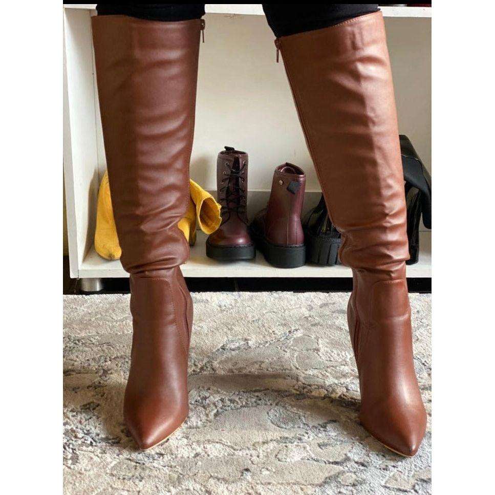 Faux below knee pencil boots