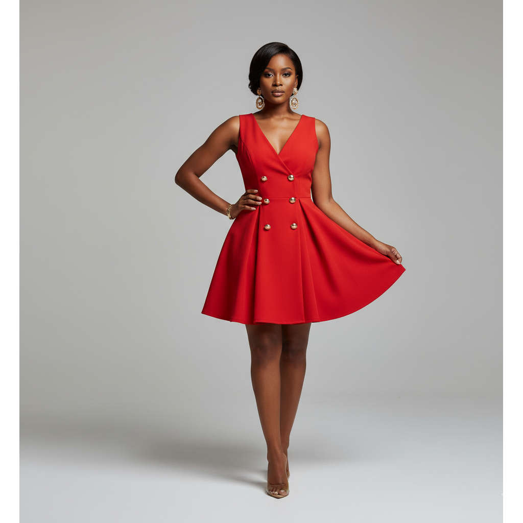 Button Design Pleated Mini Dress