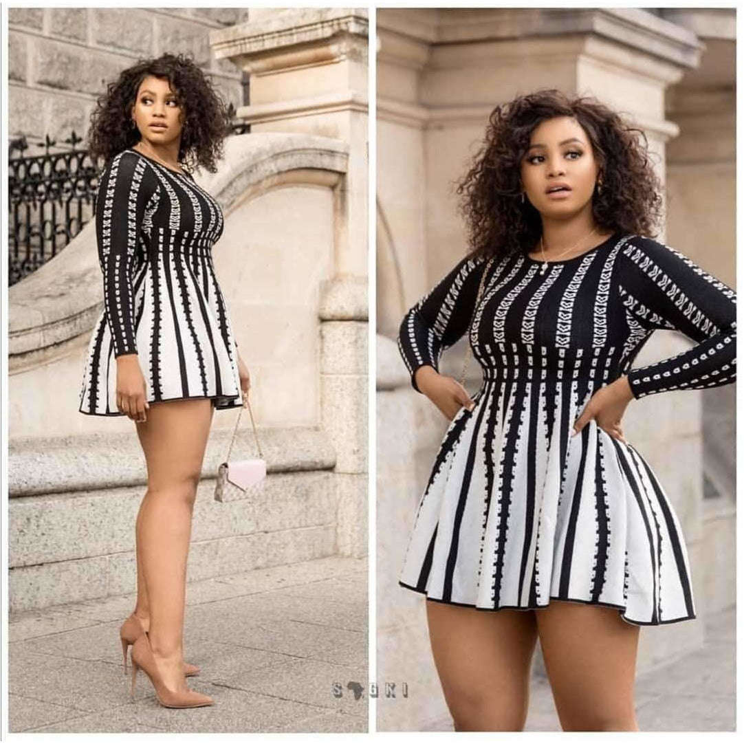 Autumn Winter Mini Knit Sweater Dress - BLACK/WHITE / S/M