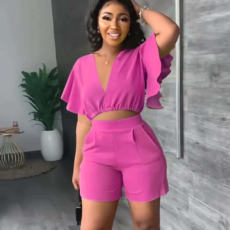 Deep V-Neck Crop Top and Short Set