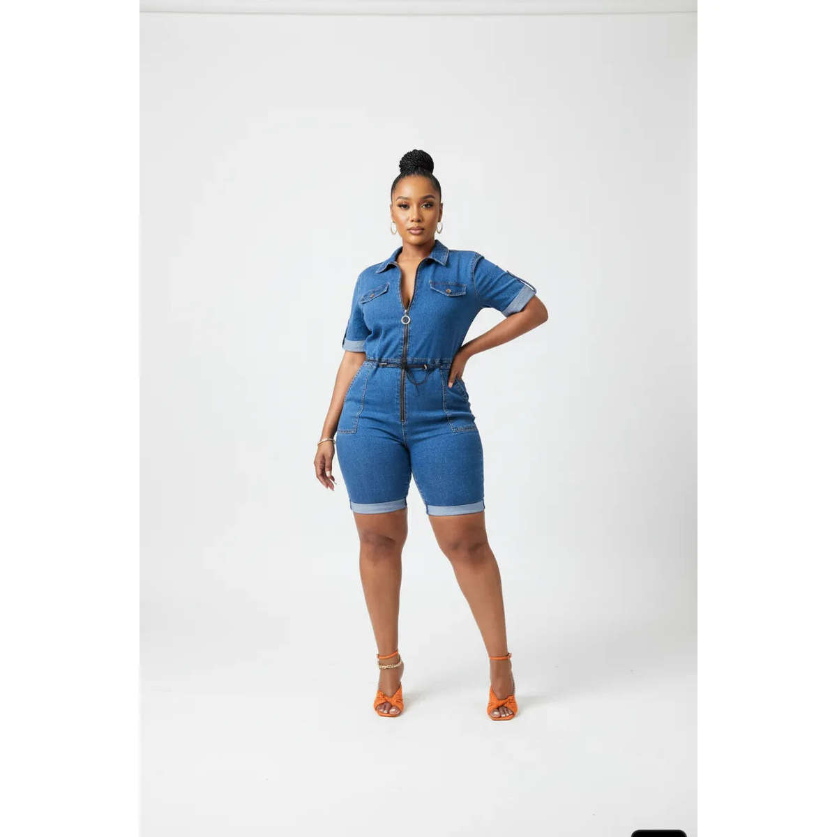 Short Denim Zipper Jumpsuit