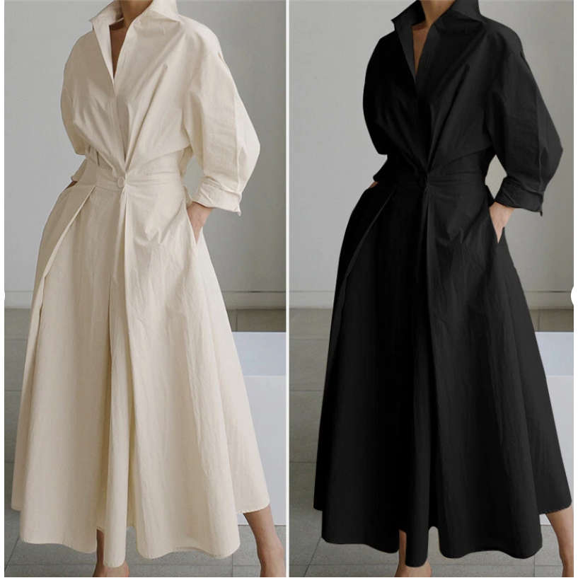 Long Sleeve Spring Elegant Lapel Neck Sundress
