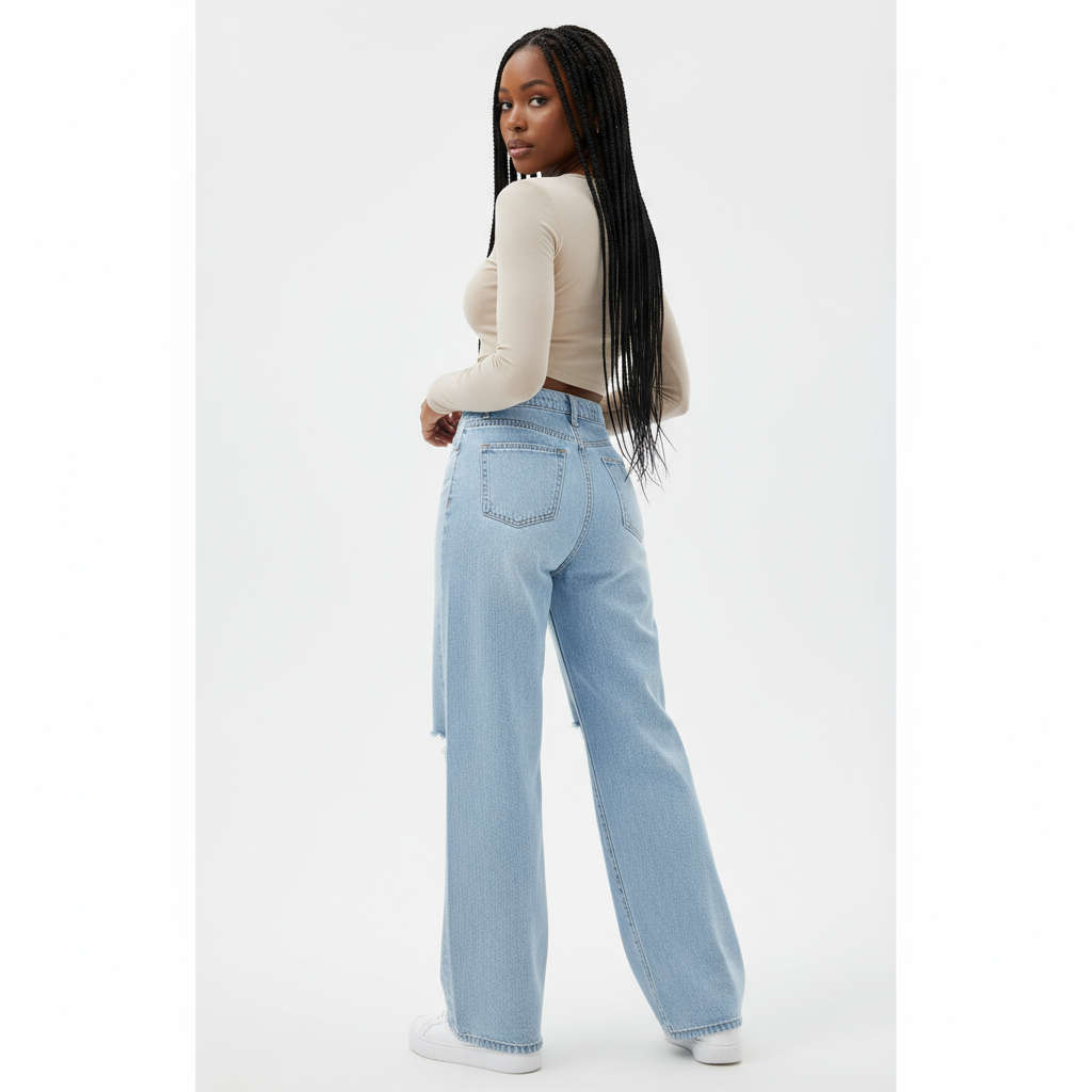 Wide Leg High Waist Distress Jeans