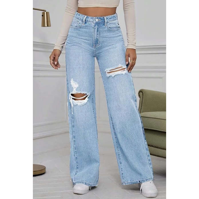 Wide Leg High Waist Distress Jeans