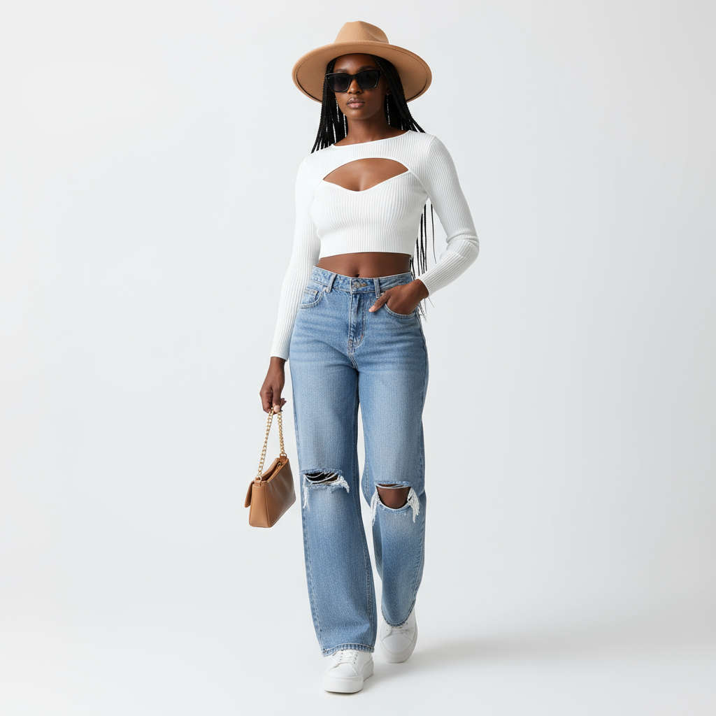 Wide Leg High Waist Distress Jeans