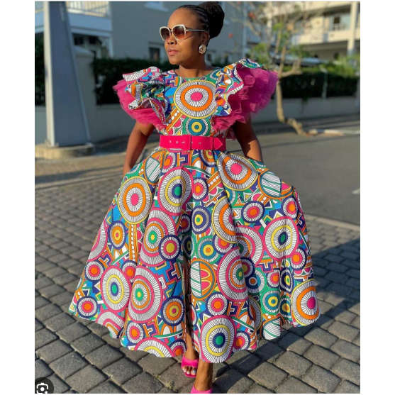 Traditional Lace Shoulder Multi Color African Print Dress