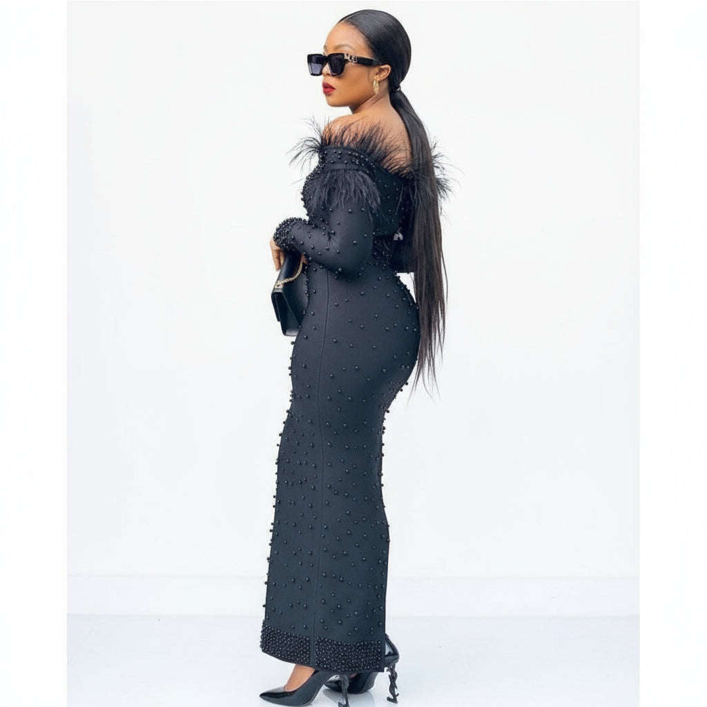 Feather Off Shoulder Beaded Detailed Dress