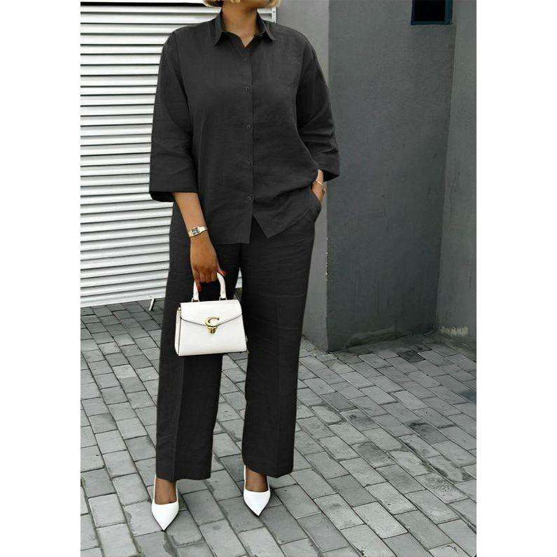 Button Decor Blouse And Relaxed Pants 2 Piece Set.