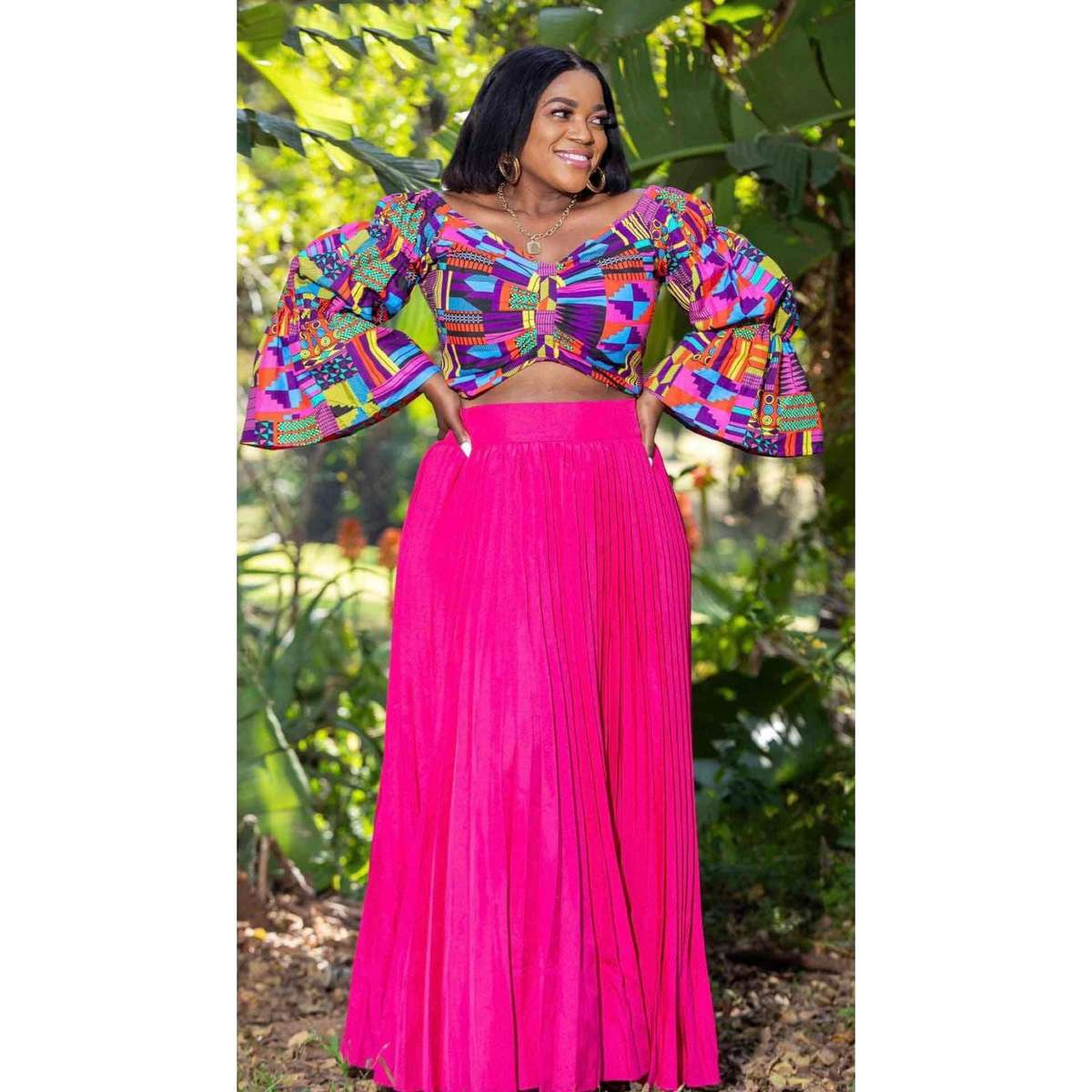 High Waisted Pleated Skirt and Long Sleeve Crop Top