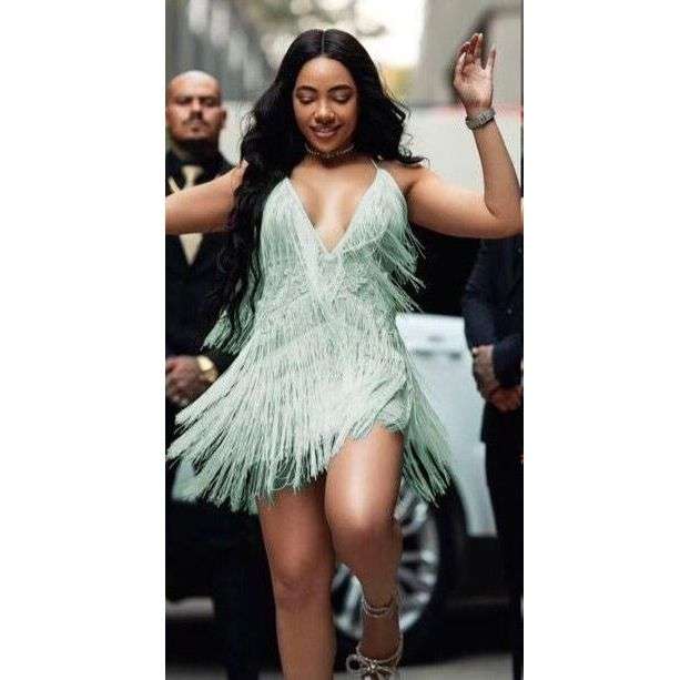 Fringe Detailed V-Neck Mini Dress