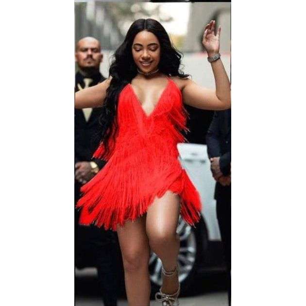 Fringe Detailed V-Neck Mini Dress