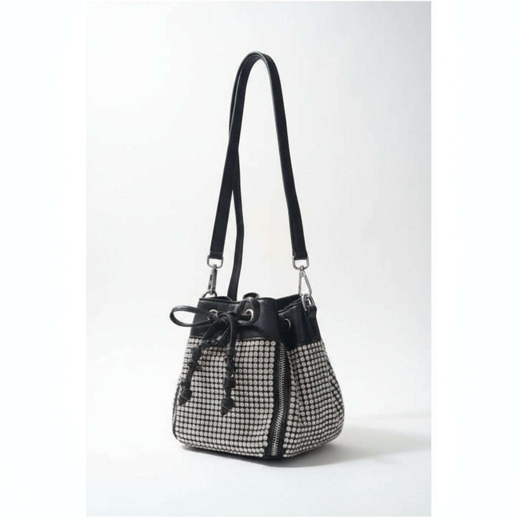 Bucket Luxury Crystal Top Handle Faux Leather Crossbody Shoulder Bag.