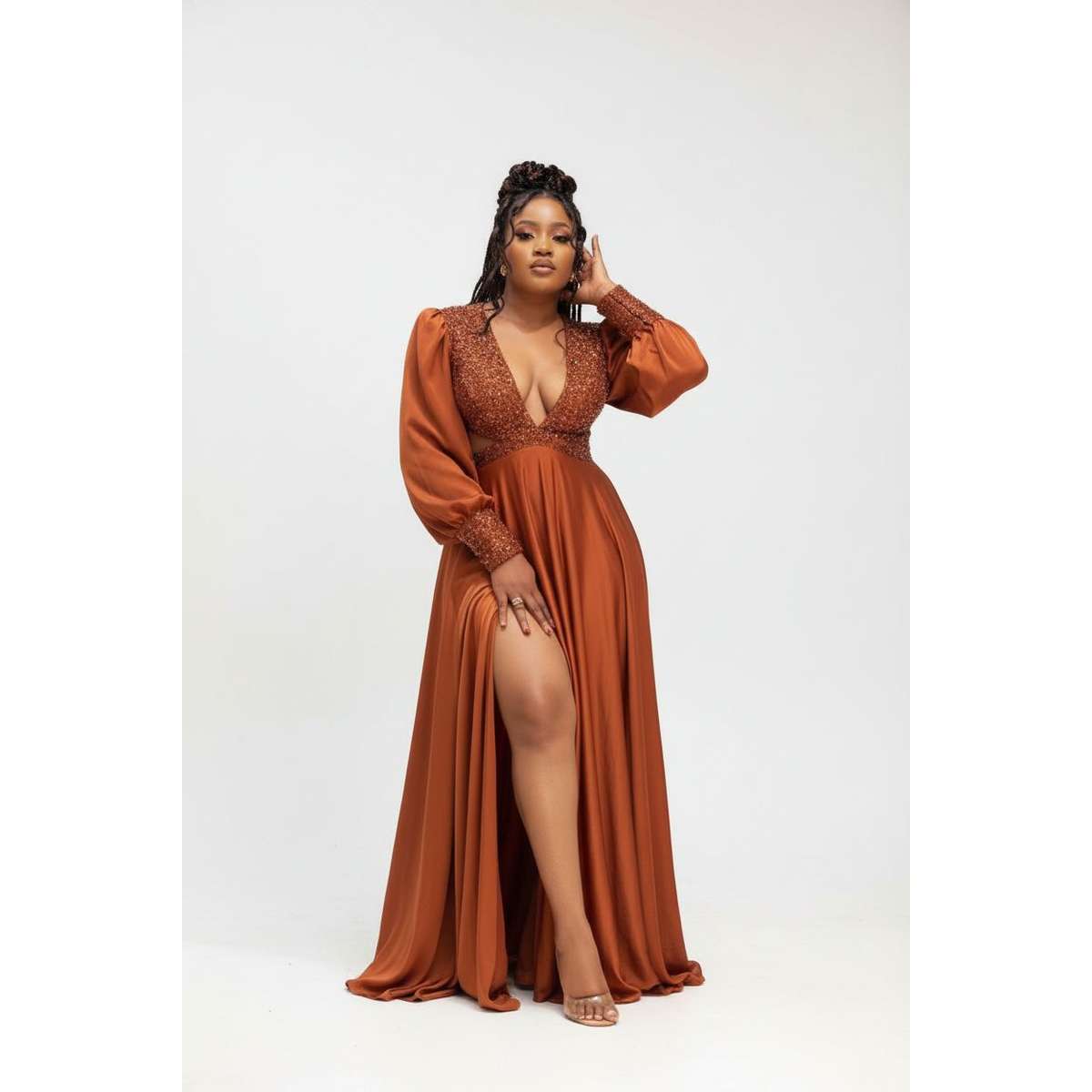V-Neck Long Sleeve Bridesmaid Formal Gowns Split Thigh Dress.
