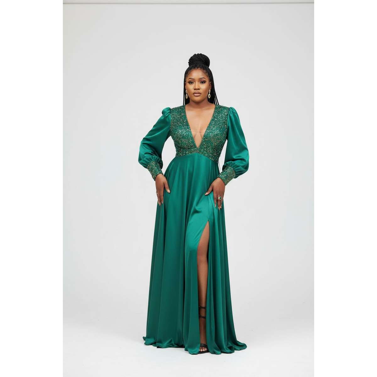 V-Neck Long Sleeve Bridesmaid Formal Gowns Split Thigh Dress.