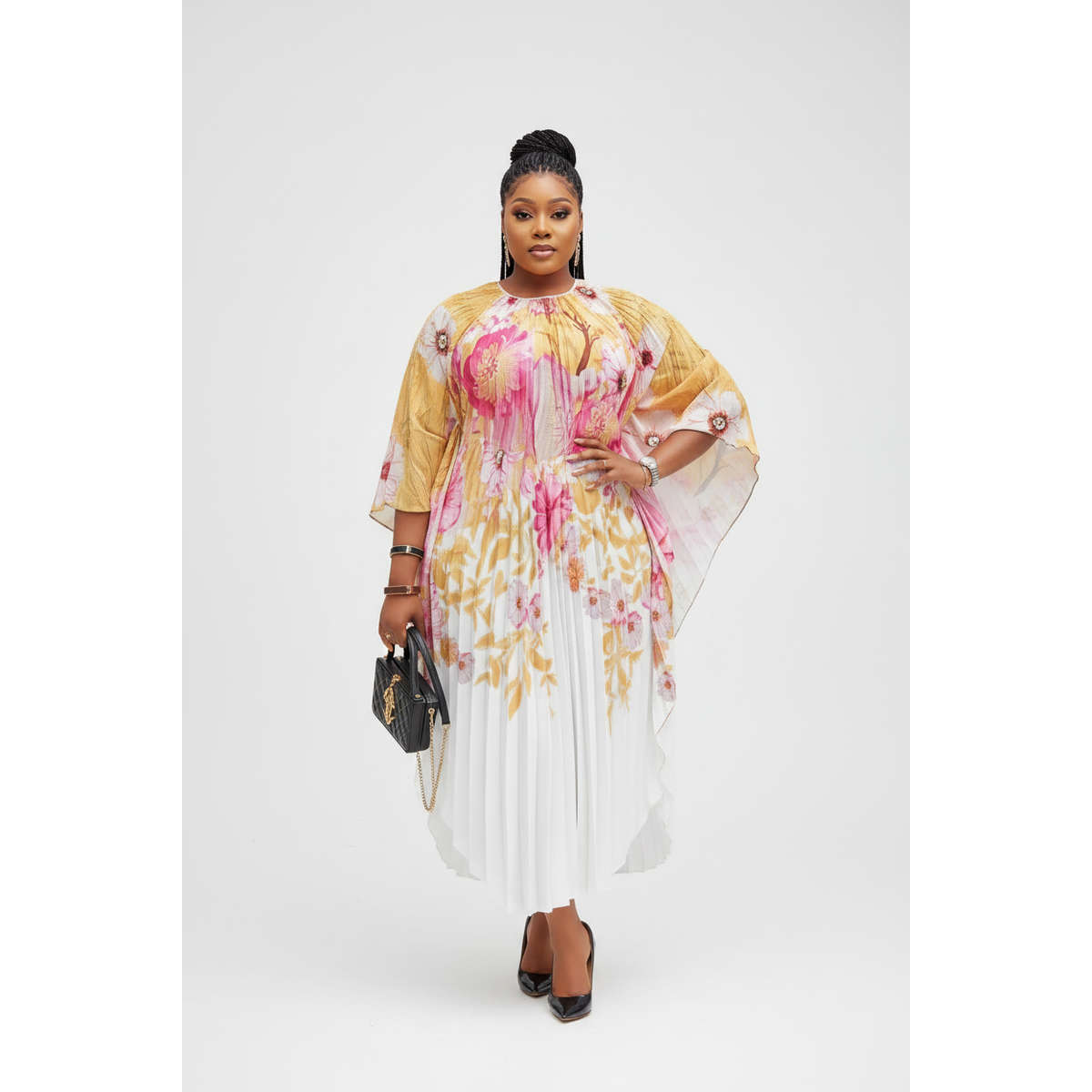 Pleated kaftan floral dress for women.