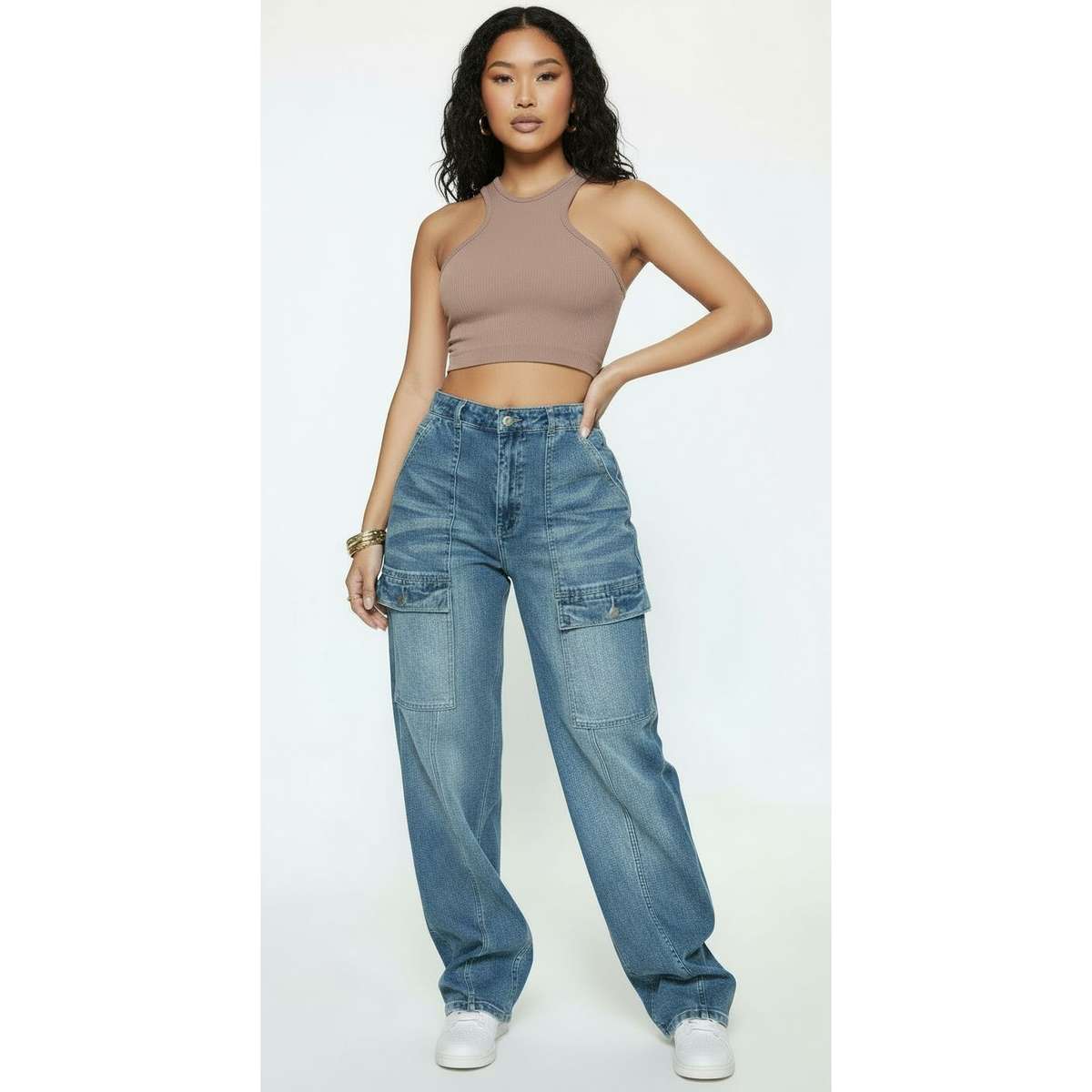 Female Straight Leg Cargo Denim Jeans.