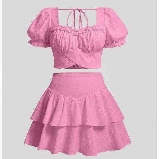 Sweetheart Neck Puff Sleeve Crop Top & Ruched Ruffle Hem Skirt Set