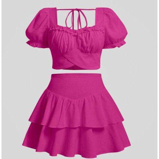 Sweetheart Neck Puff Sleeve Crop Top & Ruched Ruffle Hem Skirt Set