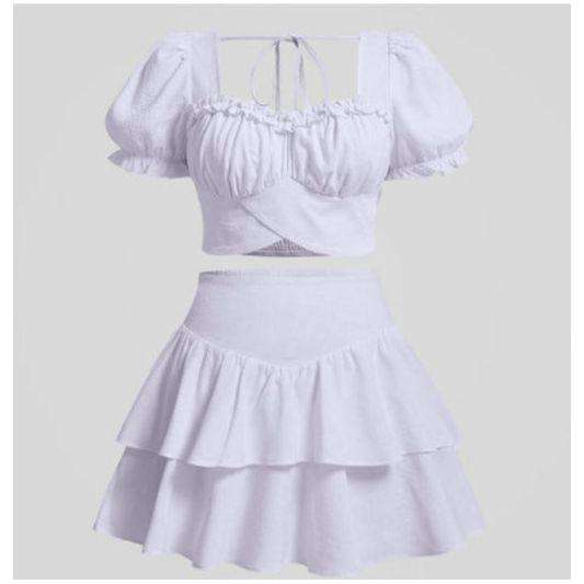 Sweetheart Neck Puff Sleeve Crop Top & Ruched Ruffle Hem Skirt Set