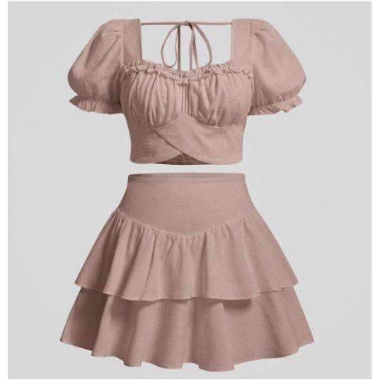 Sweetheart Neck Puff Sleeve Crop Top & Ruched Ruffle Hem Skirt Set