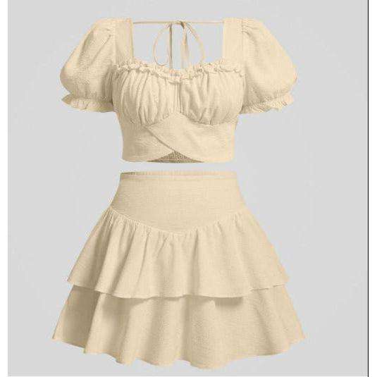 Sweetheart Neck Puff Sleeve Crop Top & Ruched Ruffle Hem Skirt Set