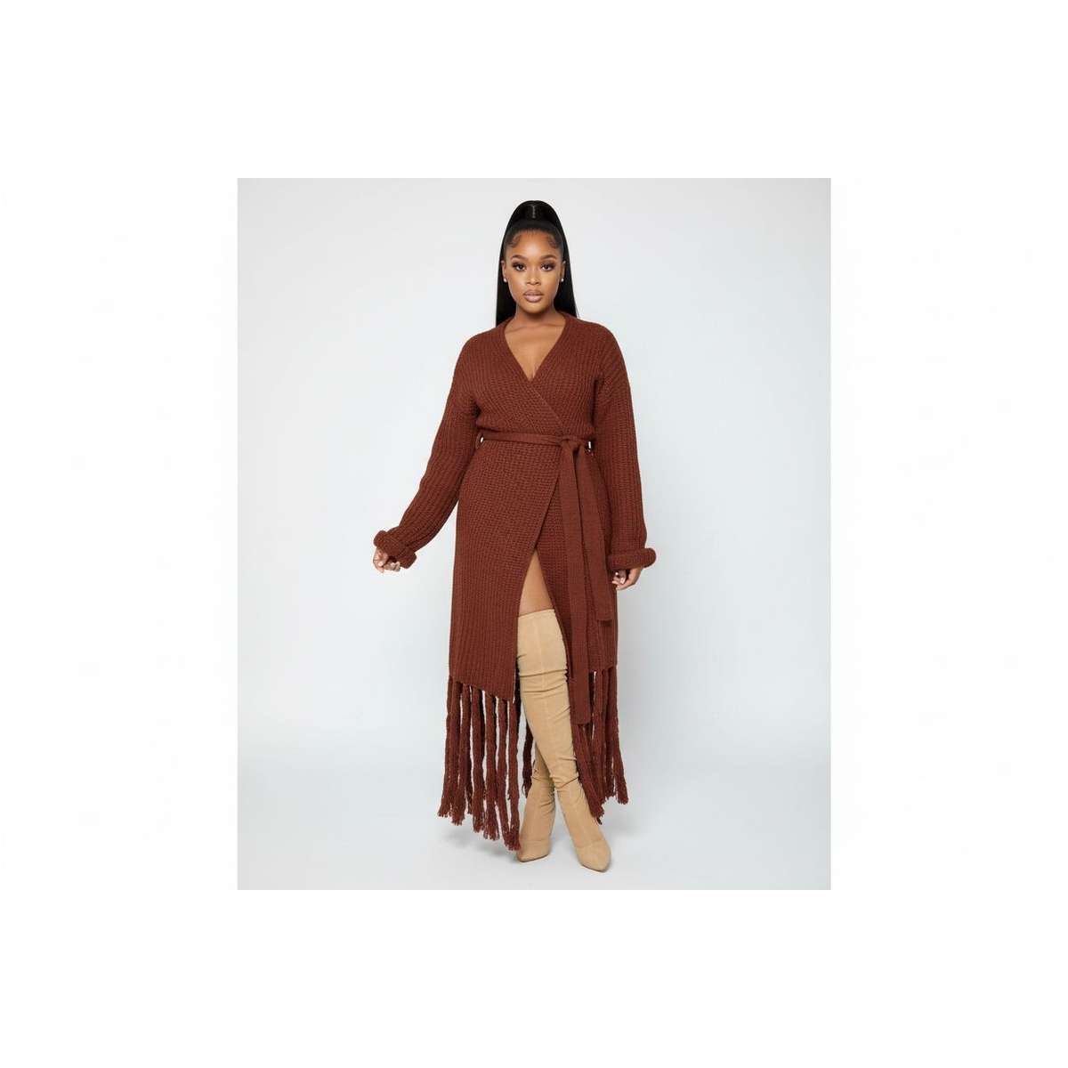 Tassel Lace-Up Long Cozy Knit Cardigan