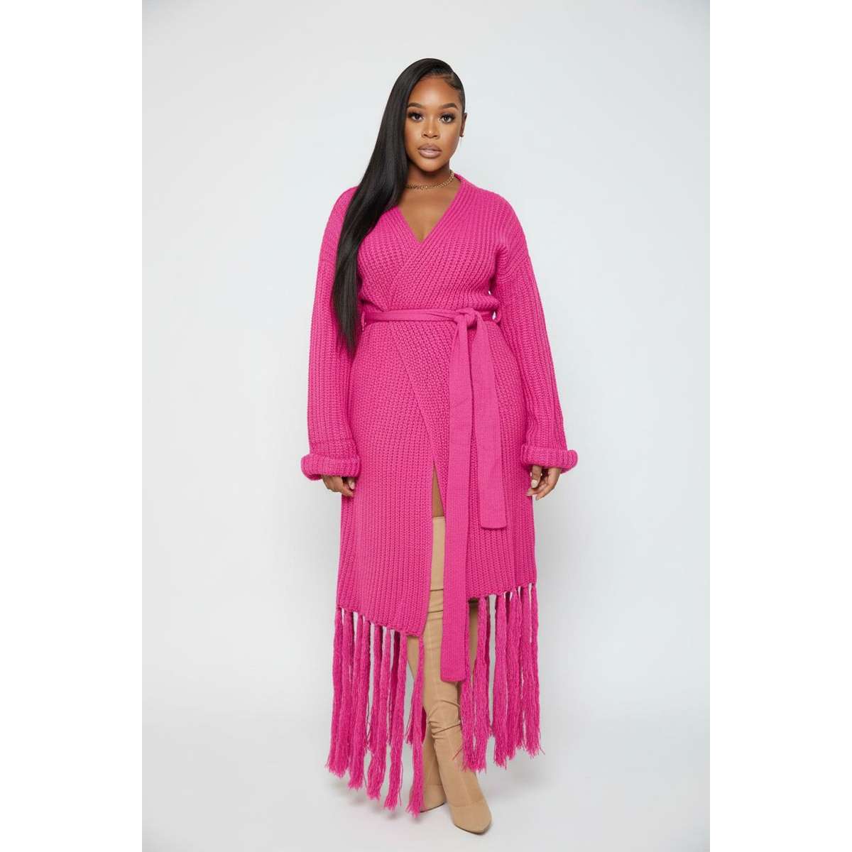 Tassel Lace-Up Long Cozy Knit Cardigan